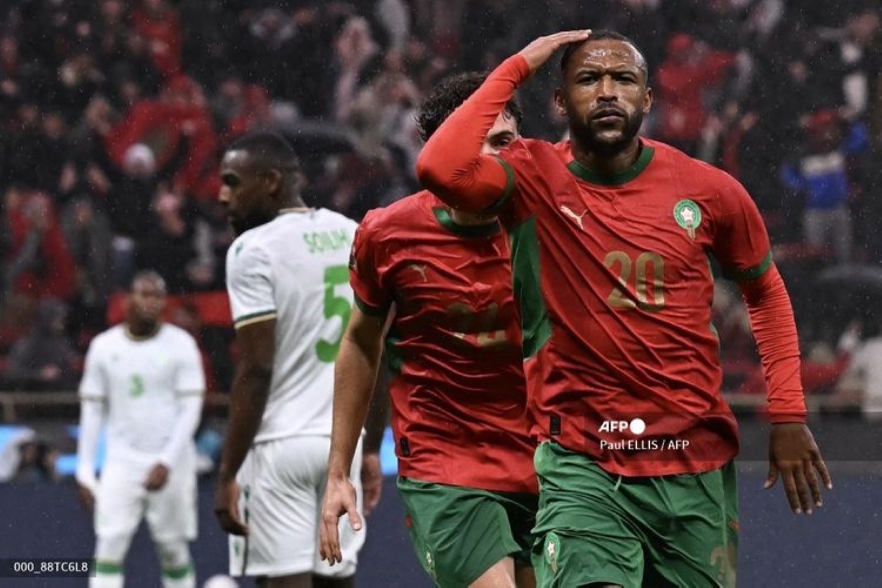 MERAYAKAN: Ayoub El Kaabi merayakan gol saltonya dalam pertandingan Grup A Piala Afrika (CAN) antara Maroko vs Komoro di Stadion Prince Moulay Abdellah di Rabat pada 21 Desember 2025.