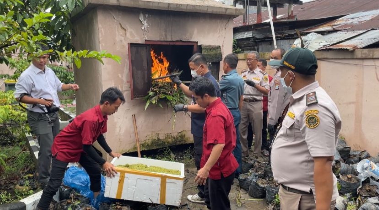 DIBAKAR: Pemusnahan telur belangkas dan bibit kelapa sawit yang tidak memenuhi syarat karantina dimusnahkan dengan incinerator.