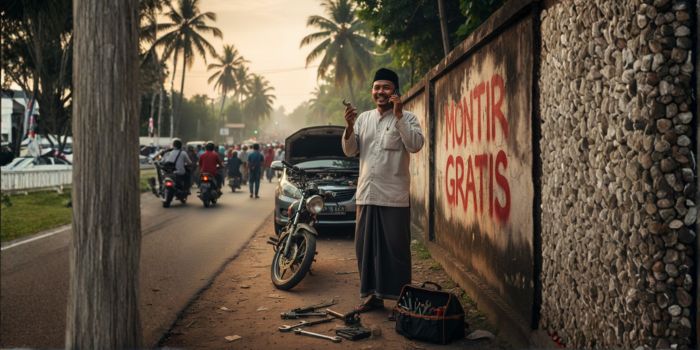 SIAP PANGGIL: Montir gratis siap panggil untuk melayani jemaah yang mengalami kerusakan motor dan mobil di perjalanan menuju Sekumpul.