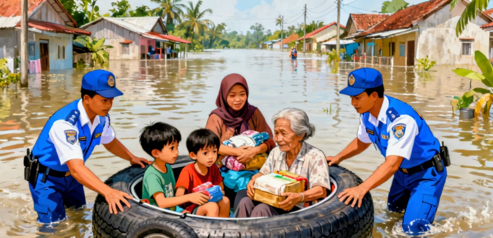 ILUSTRASI: Penggunaan ban mobil bekas sebagai pelampung dalam mengevakuasi warga yang terdampak banjir. (Foto: AI/Radar Banjarmasin)
