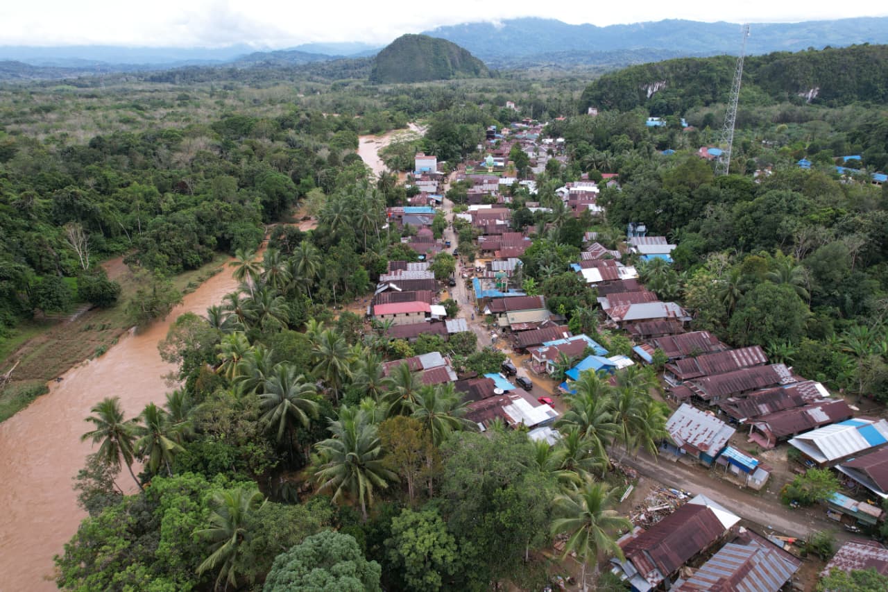 MELUAP: Tampak udara kondisi pascabanjir bandang di Kecamatan Tebing Tinggi, Kabupaten Balangan.