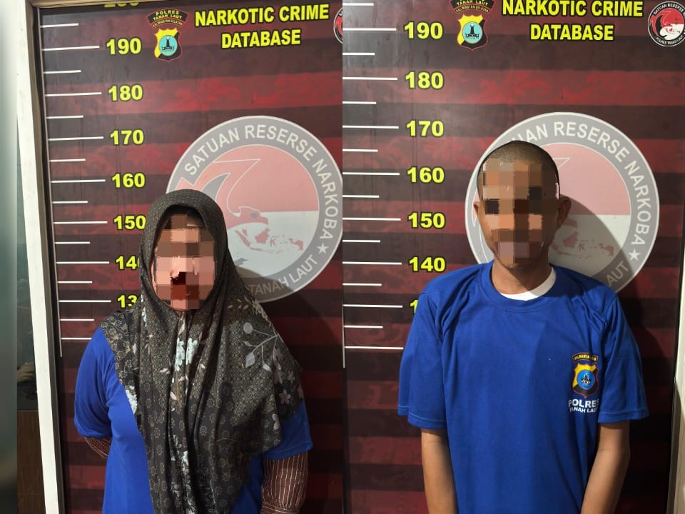 MENDEKAM : S dan AB, dua pengedar sabu yang diamankan Satresnarkoba Polres Tanah Laut (Tala) di dua lokasi berbesa. (Foto : Humas Polres Tala untuk Radar Banjarmasin)