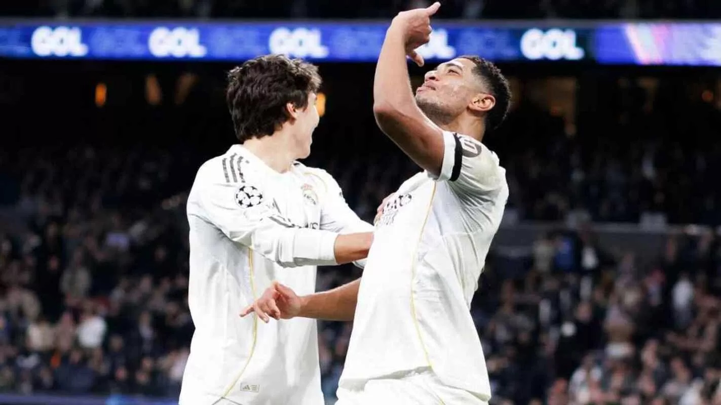 SUMBANG: Selebrasi Jude Bellingham setelah sumbang satu gol untuk Real Madrid.