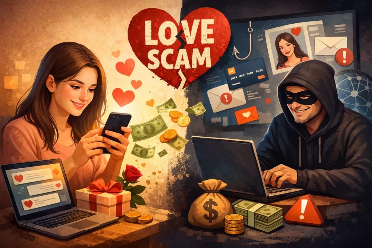 Ilustrasi penipuan bermodus love scamming melalui media sosial.