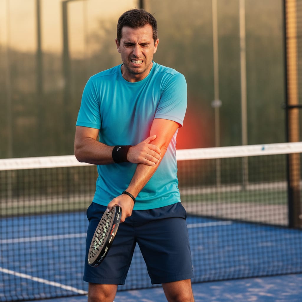 Ilustrasi atlet padel mengalami cedera saat bertanding, menunjukkan pentingnya kewaspadaan, teknik bermain yang benar, dan penanganan awal cedera olahraga. (AI)