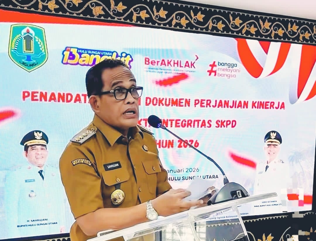 SIKAP:Bupati HSU, H Sahrujani memimpin rapat koordinasi PENA SAJIWA yang dihadiri kepala SKPD membahas komitmen dan kepatuhan regulasi di Mess Negara Dipa.