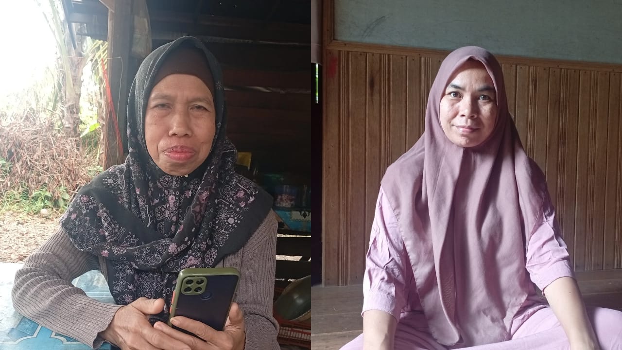 CERITA: Masrah (kiri) dan Sumiarni (kanan)saat menceritakan bagaimana kronologi keberangkatan mereka sebagai CPMI. (Foto: M. Padil Ihsan/Radar Banjarmasin)