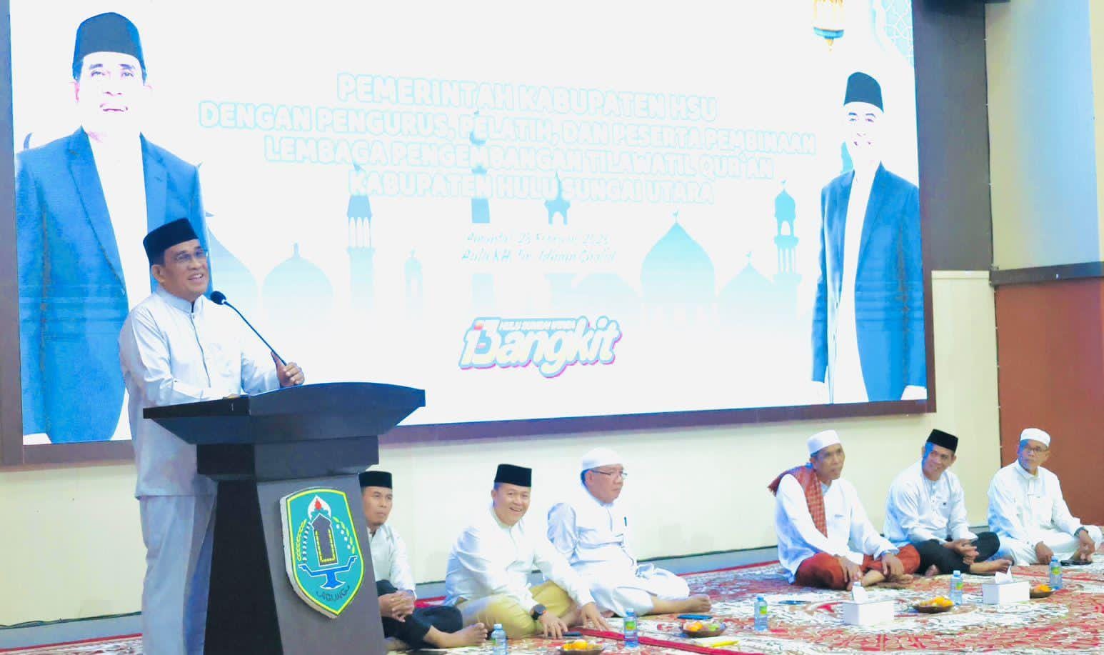 HADIR:Bupati HSU, H Sahrujani bersilaturahmi bersama pengurus, pelatih, dan peserta pembinaan Lembaga Pengembangan Tilawatil Quran Kabupaten HSU di Aula KH Idham Chalid, Sabtu (28/2/2026).