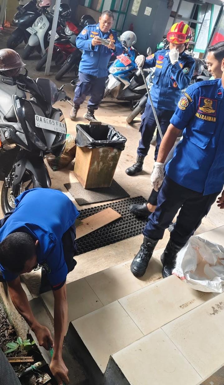 UPAYA: Anggota Damkar Kabupaten HSU, melakukan evakuasi bangkai kucing yang terjebak di dalam drainase tertutup di Kantor Pertanahan Kabupaten HSU. (Foto: Damkar/Radar Banjarmasin)