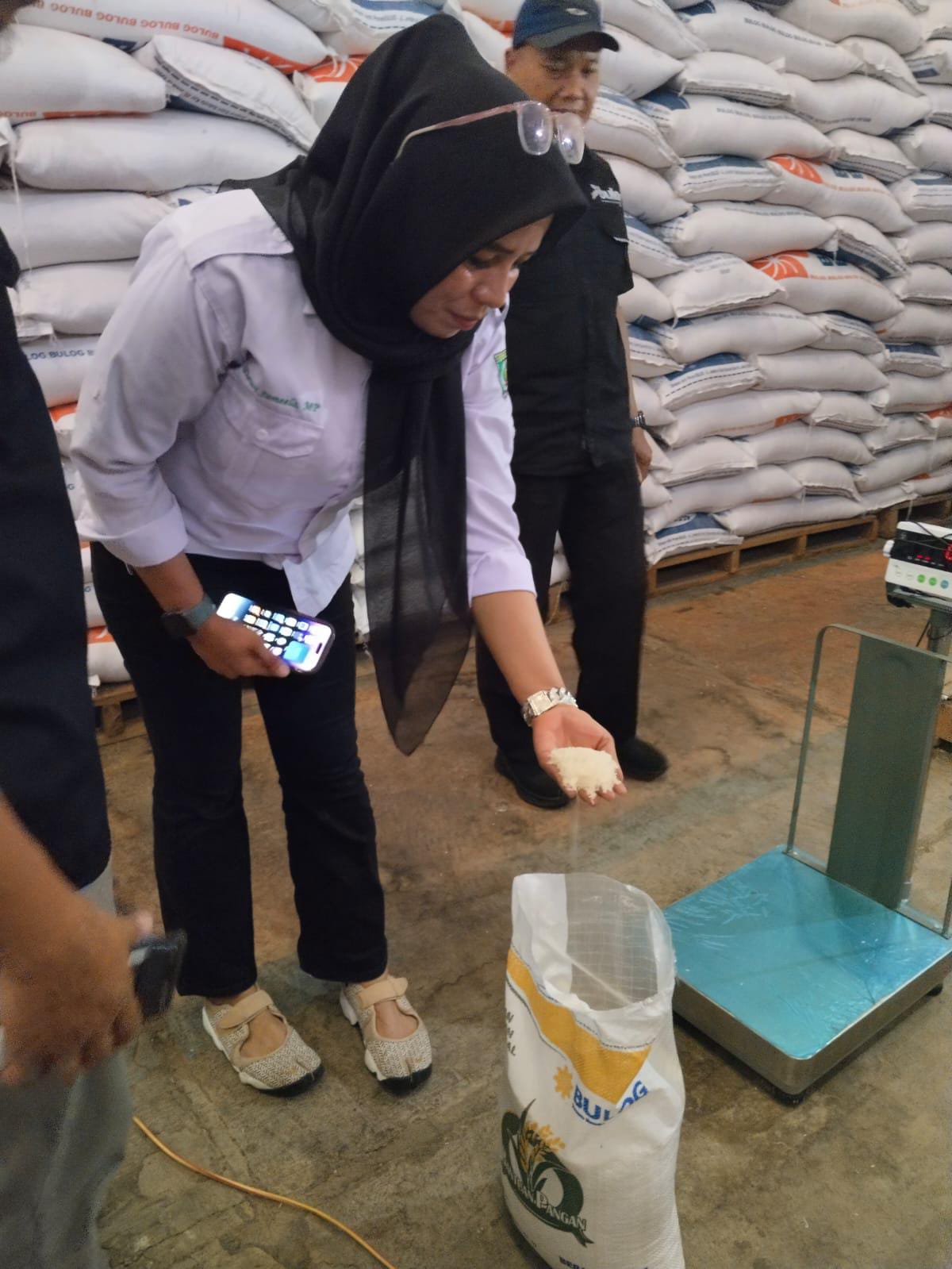 STOK BERAS: Petugas DKP3 Balangan saat mengecek tumpukan beras Cadangan Pangan Pemerintah (CPP) di gudang Bulog untuk persiapan bantuan darurat tahun 2026. (Tino untuk Radar Banjarmasin)