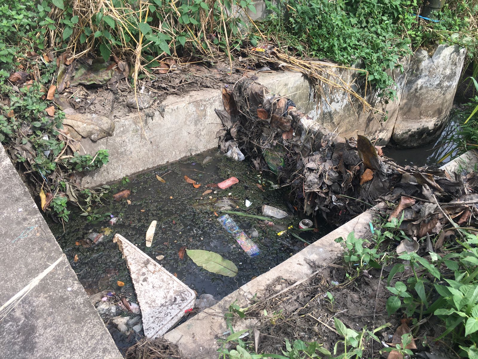 TERSUMBAT - Aliran drainase Pasar Bauntung Banjarbaru di Jalan RO Ulin Banjarbaru tersumbat dan mengeluarkan bau tak sedap (Sheilla /Radar Banjarmasin)