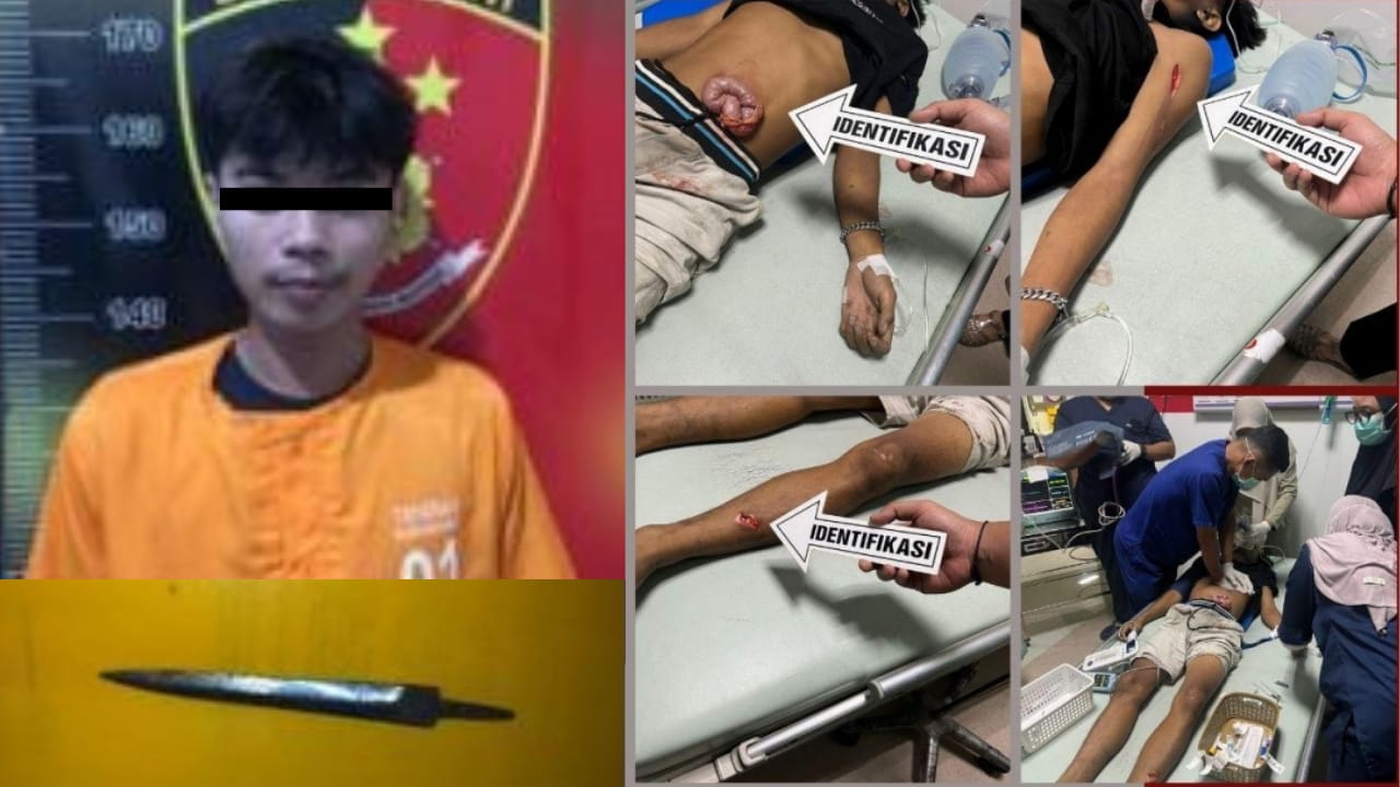 Foto pelaku MR (21) beserta barang bukti pisau jenis asu dan foto kondisi korban yang tewas akibat kerusakan organ vital pada bagian perut sebelah kiri. (Foto: Polres HSS)