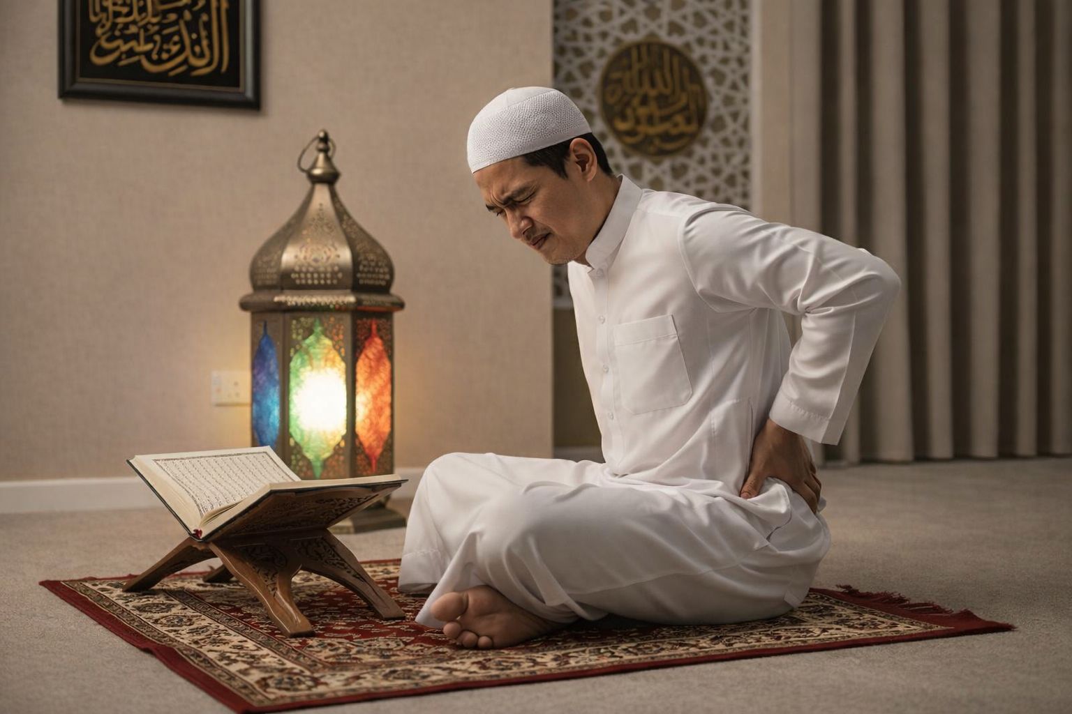 Ilustrasi seseorang merasakan nyeri punggung saat menjalankan ibadah salat, kondisi yang menurut fisioterapis Akhmad Ferdian dapat dicegah dengan persiapan fisik yang tepat sebelum dan selama Ramadan.