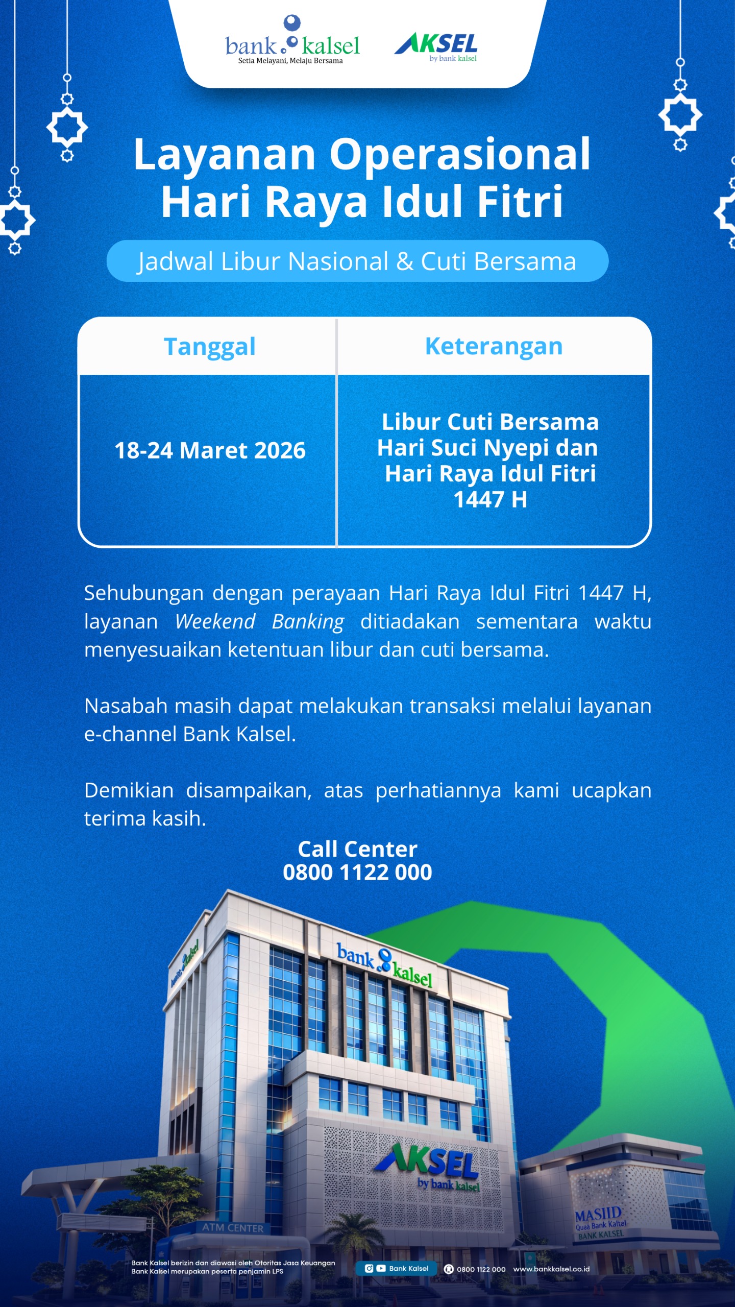 LIBUR: Bank Kalsel sesuaikan layanan selama libur panjang. 