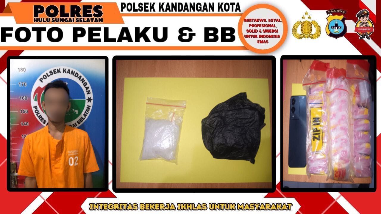 DIAMANKAN: Pelaku Anuy (34) bersama barang bukti diamankan ke Mako Polsek Kandangan Kota. (Foto: Polres HSS) 