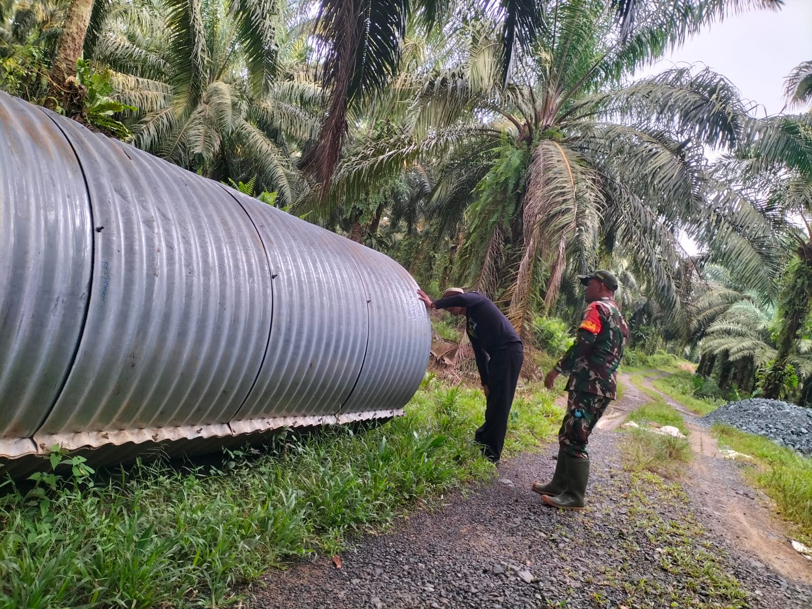 PENCARIAN: Petugas menyisir area gorong-gorong di perkebunan sawit Desa Tri Martani, Sungai Loban, dalam upaya mencari lansia yang dilaporkan hilang. (Foto: PKJR Tanah Bumbu)