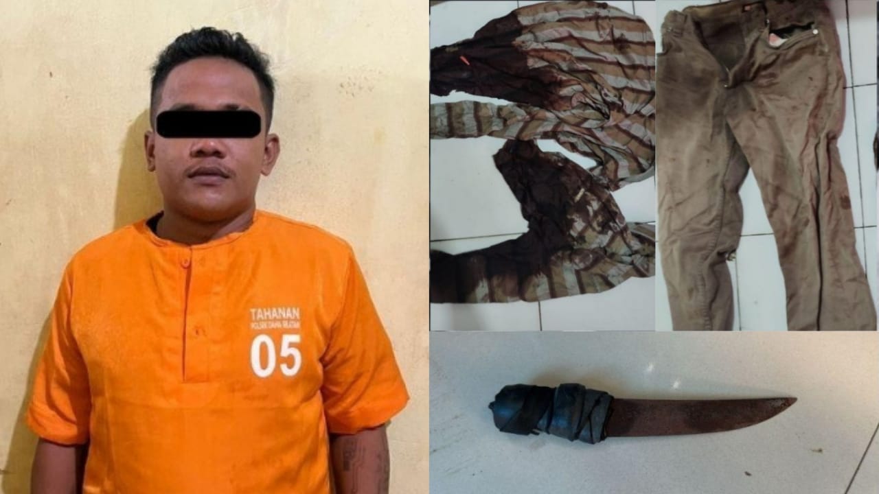 AMANKAN: Pelaku Jikri dan barang bukti sebilah pisau tanpa kumpang serta pakaian korban diamankan polisi ke Polres HSS.