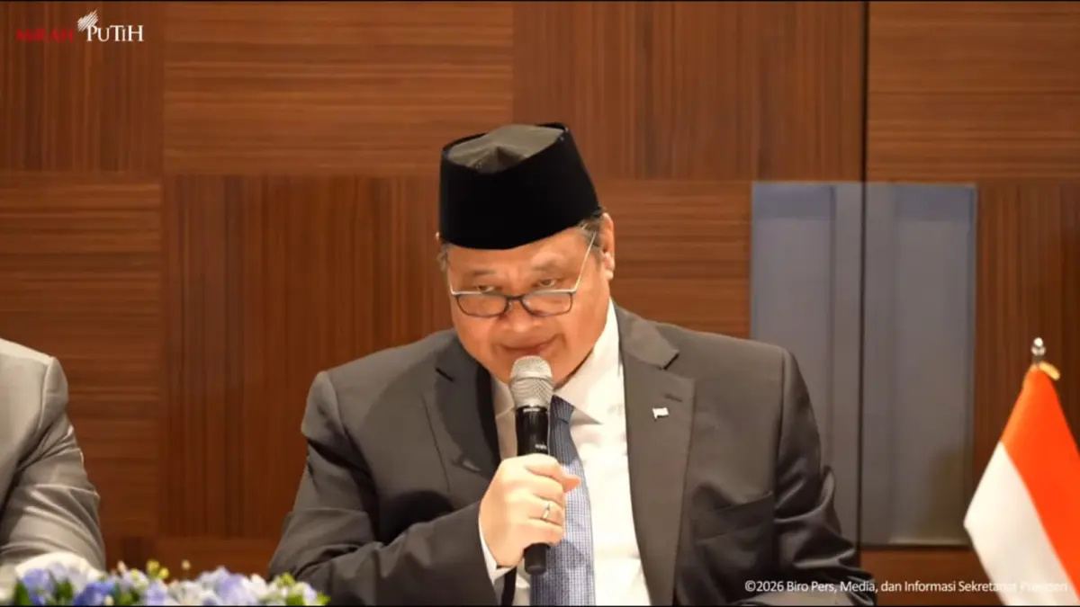 JUMPA PERS:Menko Perekonomian, Airlangga Hartarto menyampaikan kebijakan mitigasi risiko ekonomi global, Selasa (31/3/2026).Foto:Tangkapan Layar Youtube Setpres