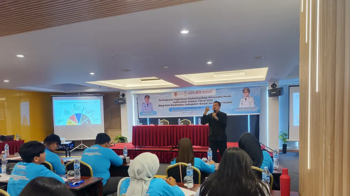 Peningkatan Digitalisasi Marketing Bagi Wirausaha Muda Kalimantan Selatan Tahun 2026 di Banjarmasin, Rabu (/4/2026), yang diikuti 45 peserta dari Banjarbaru, Kabupaten Banjar, dan Barito Kuala. (M Idris Jian Sidik)