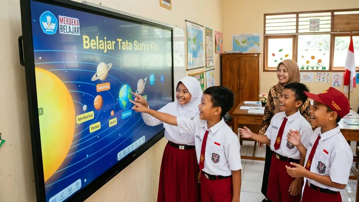 DIGITALISASI SEKOLAH: Ilustrasi pelajar SD belajar menggunakan media Interactive Flat Panel.(Foto: Gemini AI)