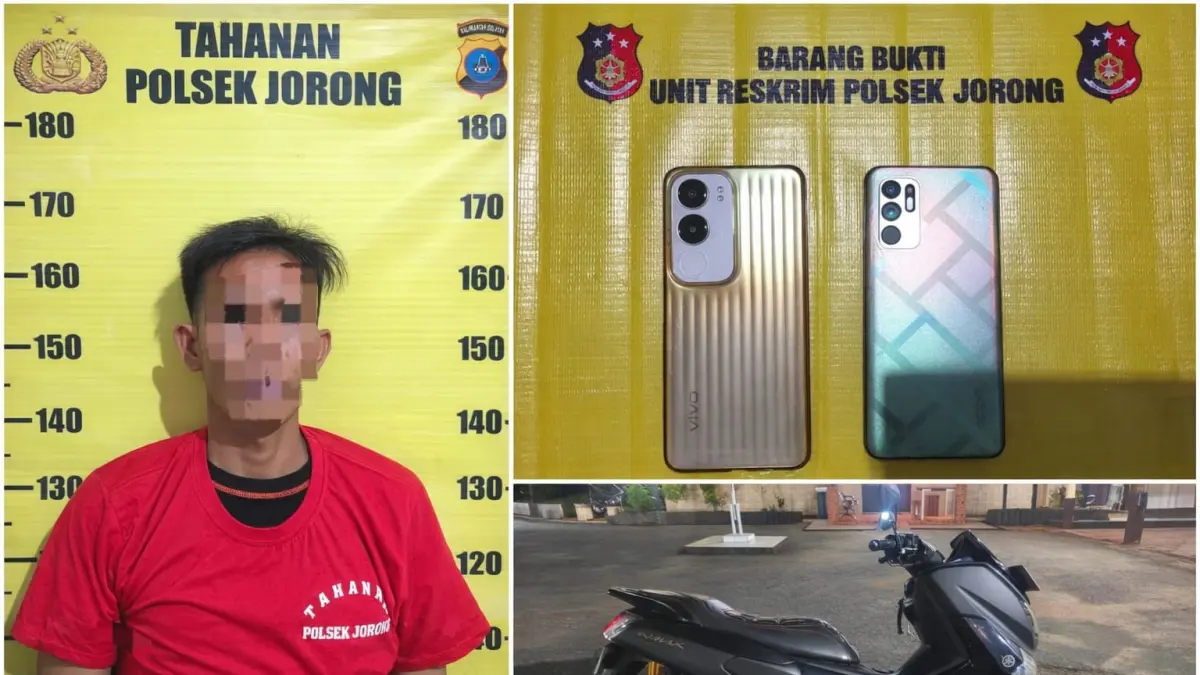 Pelaku Adrian bersama barang bukti hasil pencurian di Salon Armega, Jorong, Tanah Laut.