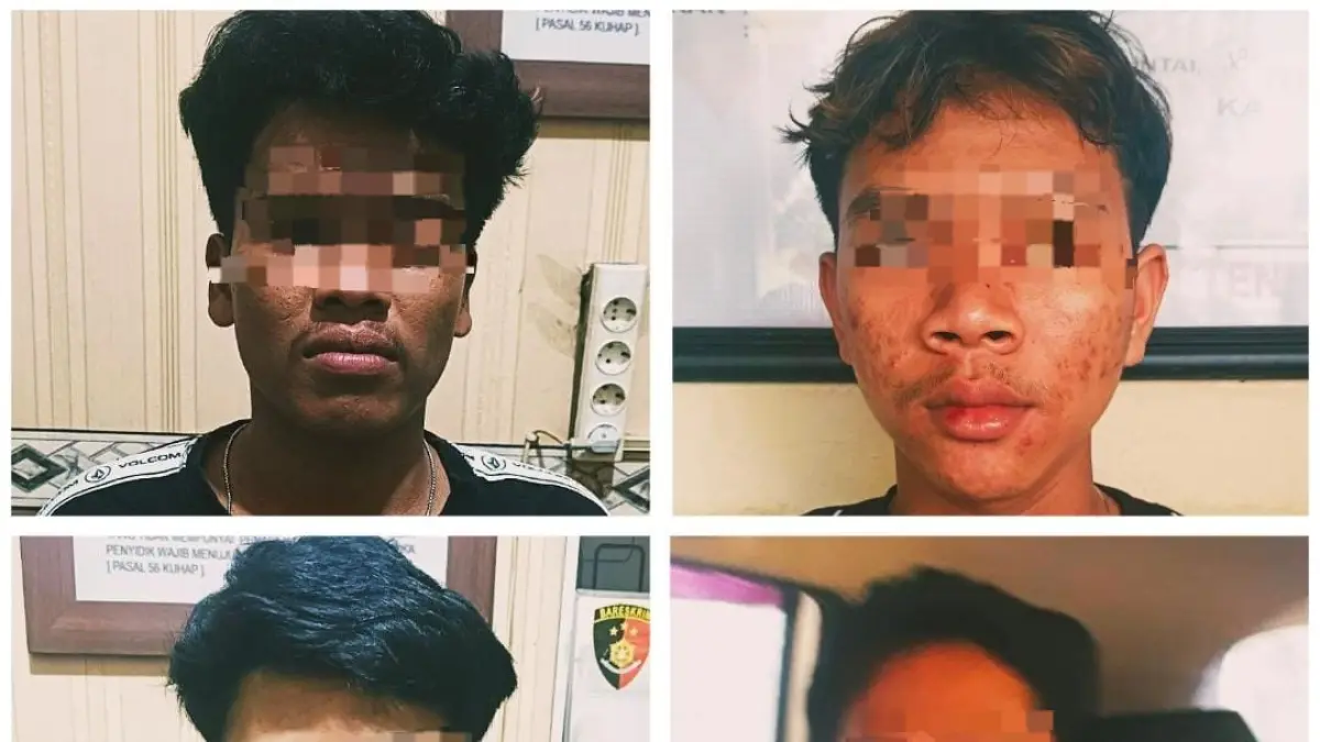 DITANGKAP: R (17), MA (18), AFR (16) dan A (16) merupakan warga Desa Sungai Karias, Kecamatan Amuntai Tengah, Kabupaten HSU merupakan pelaku aksi pengeroyokan di Bypass Amuntai termasuk penusukan kepada korban MAK (18). (Foto: M.Akbar/Radar Banjarmasin)