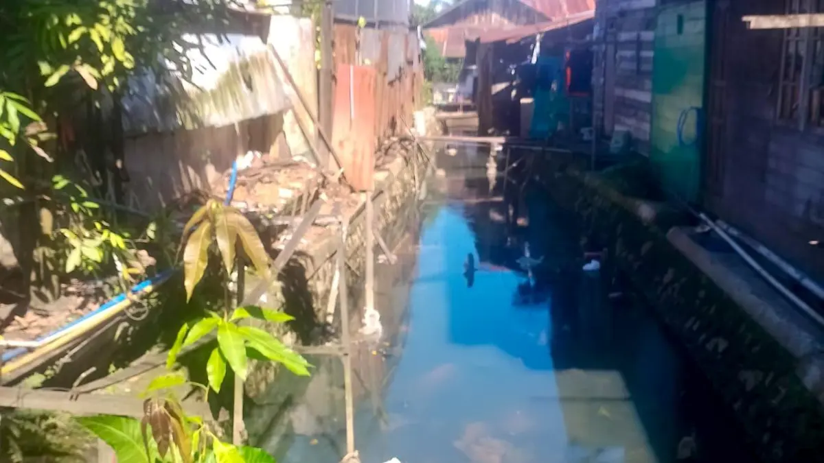 Warga Saka Permai menunjukkan kondisi Sungai Bali yang mengalami pendangkalan dan dipenuhi sedimentasi. Mereka berharap pemerintah segera melakukan pengerukan agar daya tampung air meningkat dan genangan di lingkungan permukiman dapat berkurang.(Foto: Endang Syarifuddin/Radar Banjarmasin)