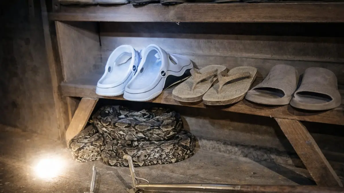 EVAKUASI: Petugas Damkar mengevakuasi ular piton yang bersembunyi di bawah rak sepatu milik warga di Desa Sinar Bulan, Kecamatan Satui, Tanah Bumbu. (Foto: Damkar Tanah Bumbu untuk Radar Banjarmasin)
