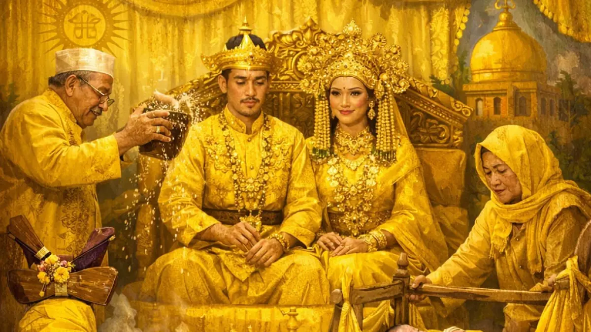 SAKRAL: Berbagai ornamen dan kain berwarna kuning menghiasi prosesi adat masyarakat Banjar. (ilustrasi AI)