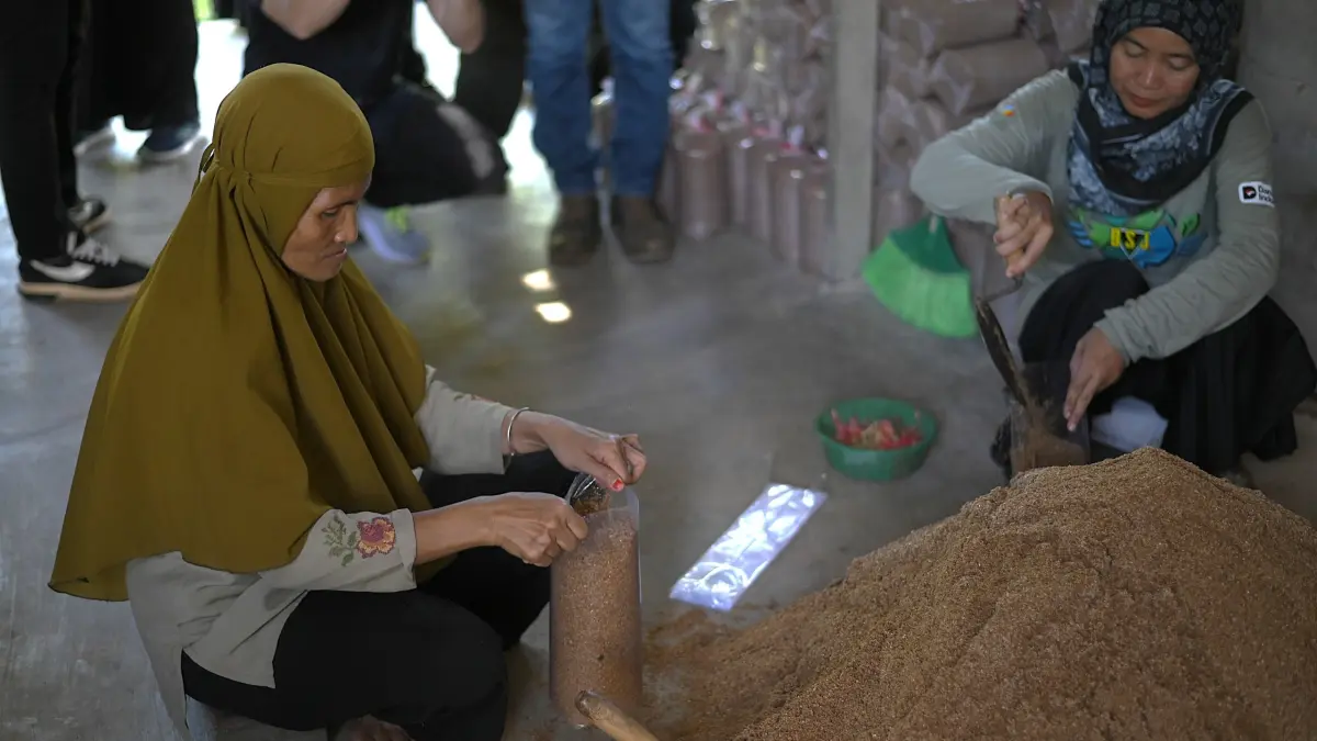 TELATEN: Proses pengisian baglog budidaya jamur tiram di Desa Jolali.