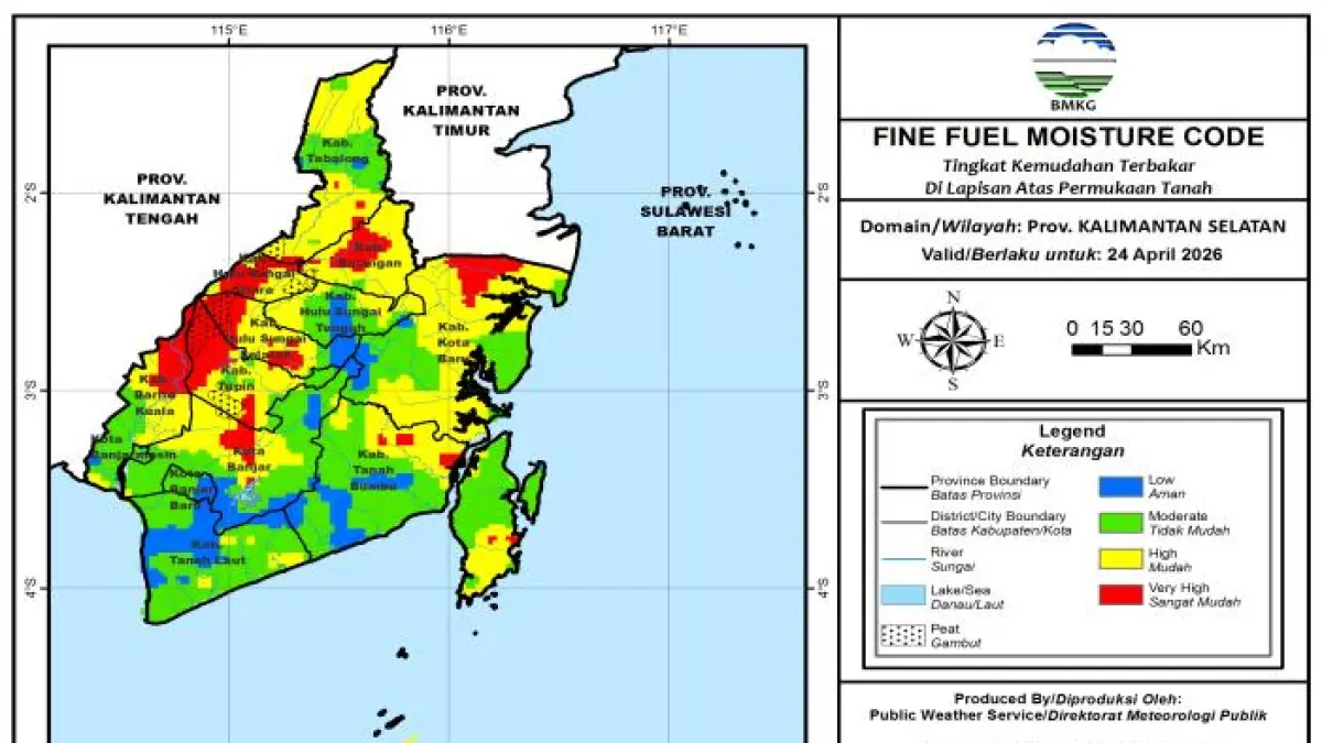 Peta BMKG menunjukkan tingkat kemudahan terbakar (FFMC) di Kalimantan Selatan didominasi zona kuning hingga merah, menandakan kondisi vegetasi kering dan rawan kebakaran, Jumat (23/4). (BMKG KALSEL)