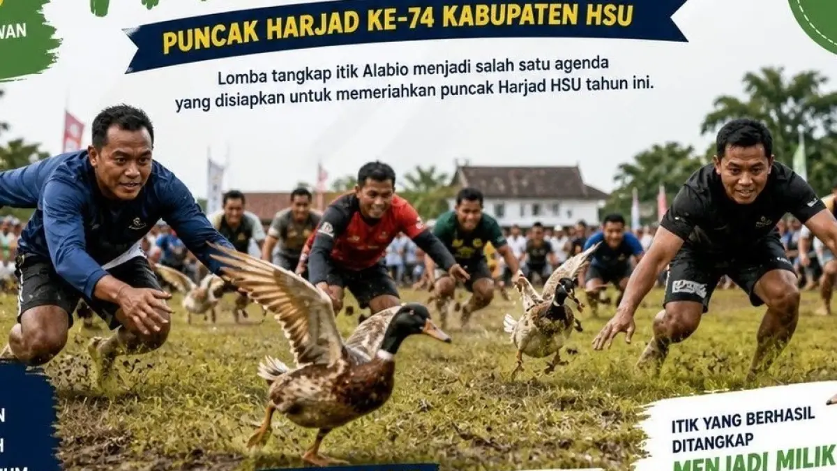 ILUSTRASI: Lomba tangkap itik Alabio di Lapangan Pahlawan Amuntai dalam rangka memeriahkan puncak Hari Jadi ke-74 Kabupaten HSU. (Dihasilkan IA)