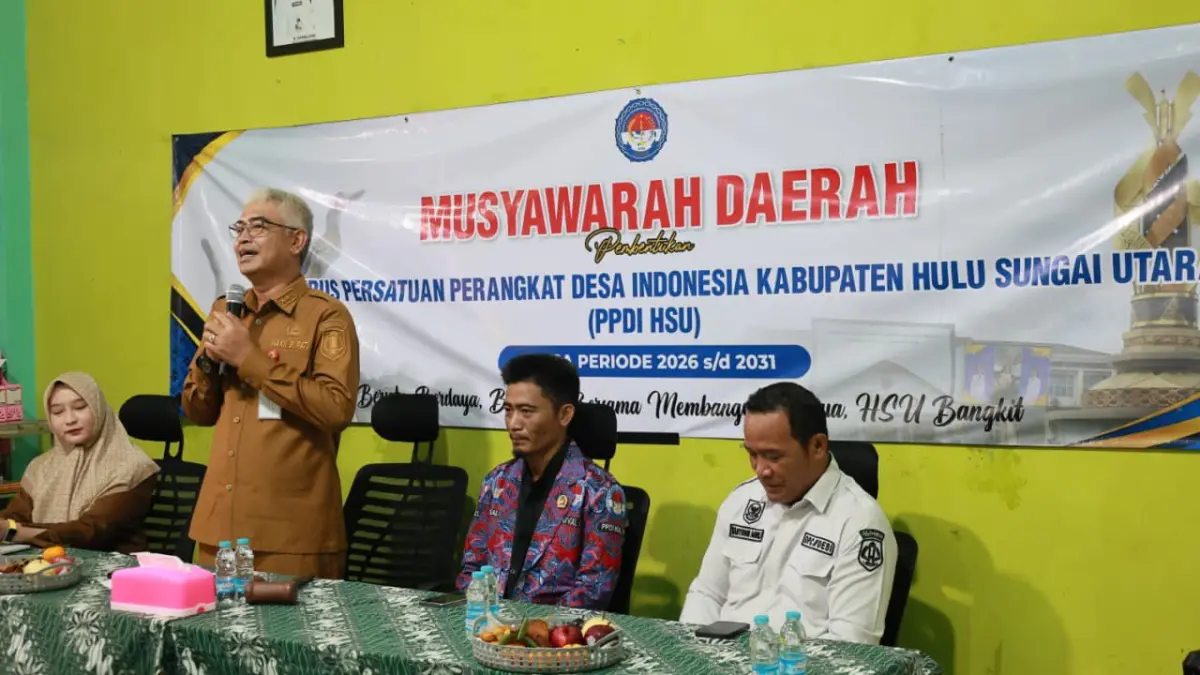 HADIR:Wakil Bupati Kabupaten HSU, Hero Setiawan membuka Musyawarah Daerah (Musda) pembentukan pengurus Persatuan Perangkat Desa Indonesia (PPDI) Kabupaten HSU di Kantor Desa Palampitan, Selasa (12/5/2026).(Foto:Pemkab HSU)