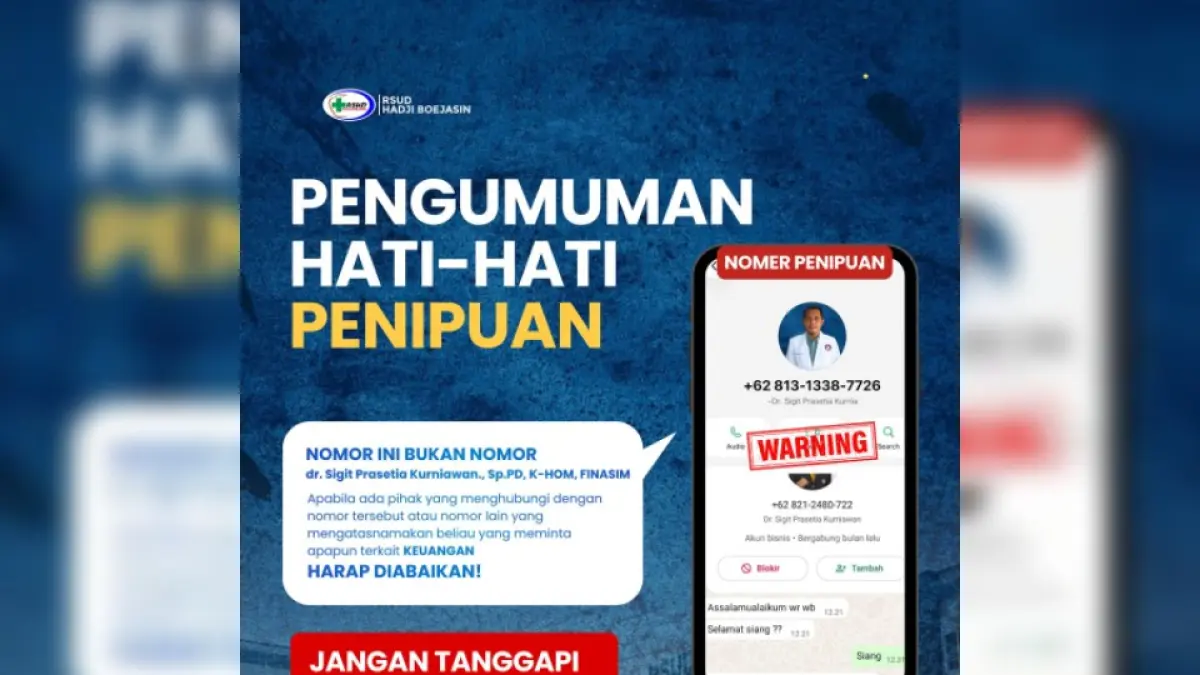 DICATUT : Flayer klarifikasi pihak RSUD Hadji Boejasin Pelaihari terkait ada oknum yang mencatut nama direktur baru. (Foto : RSUD Hadji Boejasin Pelaihari)