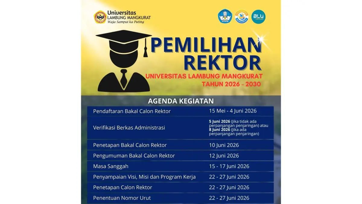 PENGUMUMAN: Universitas Lambung Mangkurat resmi membuka tahapan penjaringan bakal calon rektor periode 2026–2030 mulai 15 Mei hingga 4 Juni 2026.