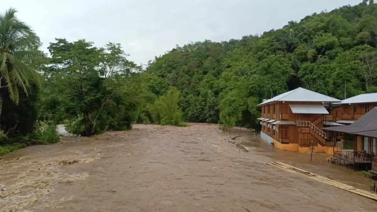COKELAT: Kondisi sungai di Loksado yang debit airnya terus meningkat. (Foto: Pusdalops BPBD HSS)&nbsp;