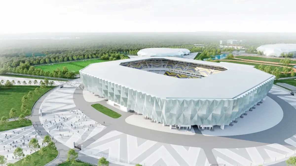 TAMPAK ATAS: Desain stadion bertaraf internasional tampak atas yang akan dibangun Pemprov Kalsel di Banjarbaru.
(DINAS PUPR KALSEL)&nbsp;