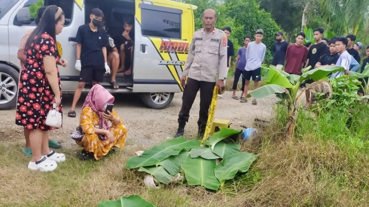 DITUTUP DAUN: Warga menutup dengan daun pisang tubuh ketiga korban laka maut yang tewas dalam insiden grader maut di kawasan Tambak Babi, Desa Lawahan, Kecamatan Beruntung Baru, Kabupaten Banjar, Sabtu (23/5/2026). (GRUP WHATSAPP EMERGENCY)
