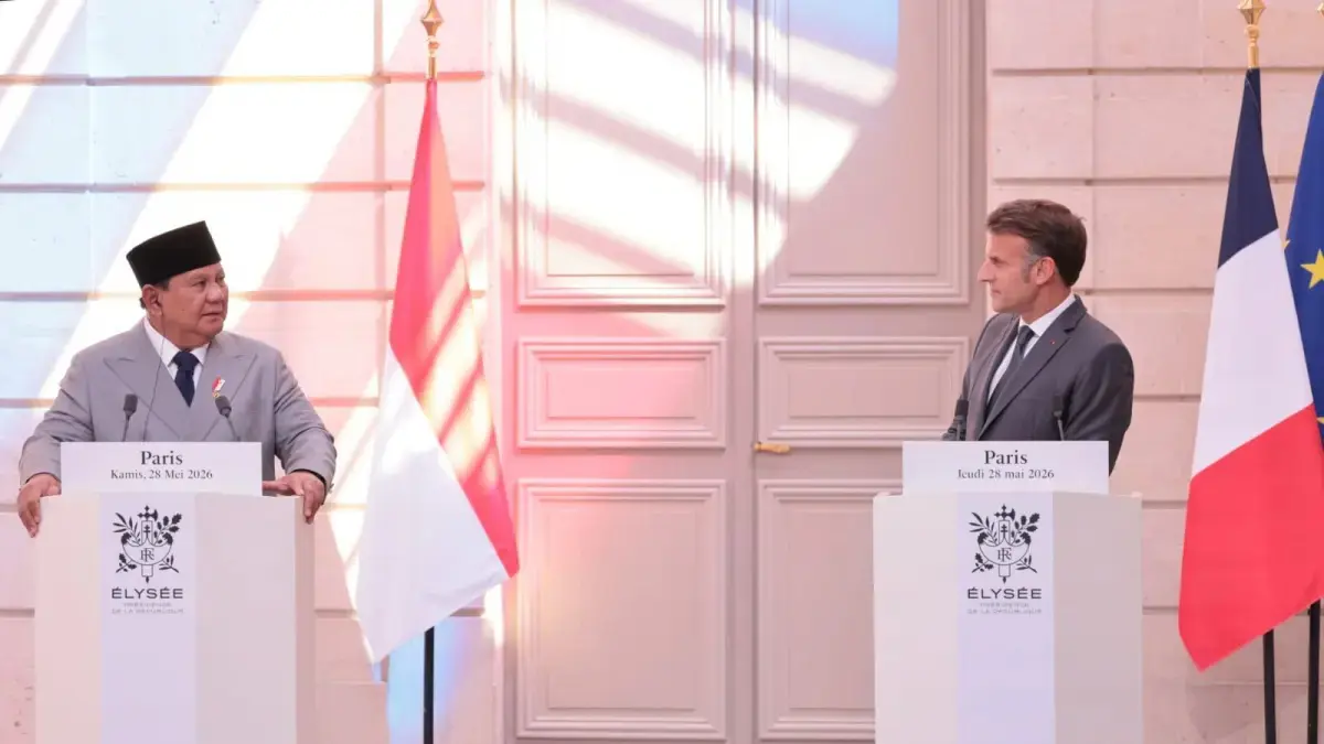 Presiden Prabowo Subianto melakukan pertemuan bilateral dengan Presiden Prancis Emmanuel Macron di Istana Elysee, Paris, Prancis, Kamis (28/5). (Istimewa)