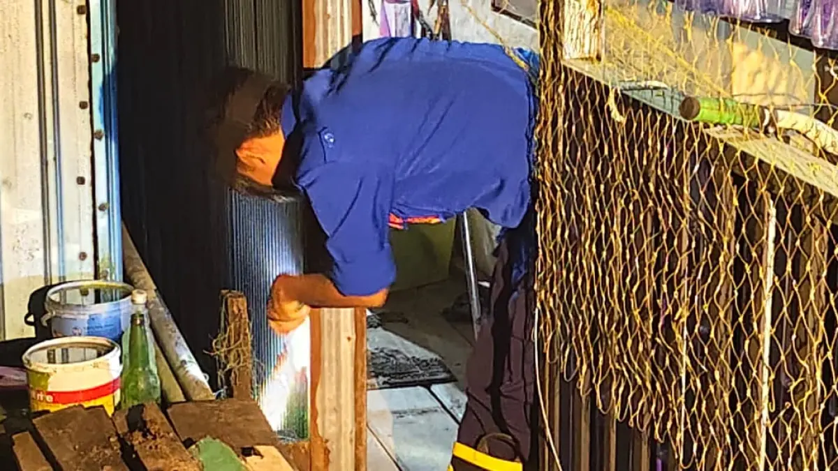 PENANGANAN: Proses pencarian ular kobra hitam berlangsung cukup sulit karena kondisi permukiman yang padat dan ruang gerak petugas yang terbatas. (Foto: M. Akbar/Radar Banjarmasin) 
