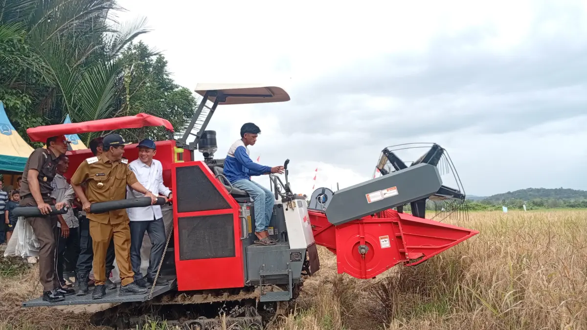 PANEN: Wamenko Pangan RI Hanif Faisol Nurofiq bersama jajaran Pemkab HSS mencoba menaiki Combine Harvester untuk memanen padi.(Foto: M. Padil Ihsan/Radar Banjarmasin) 
