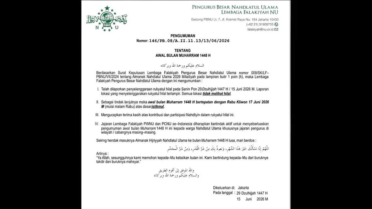 BERBEDA: Pengumuman hasil rukyatul hilal LF PBNU mengenai penentuan tahun baru Hijriyah atau 1 Muharram 1448 H yang jatuh pada Rabu (17/6/2026) melalui metode istikmal. (TANGKAPAN LAYAR)

