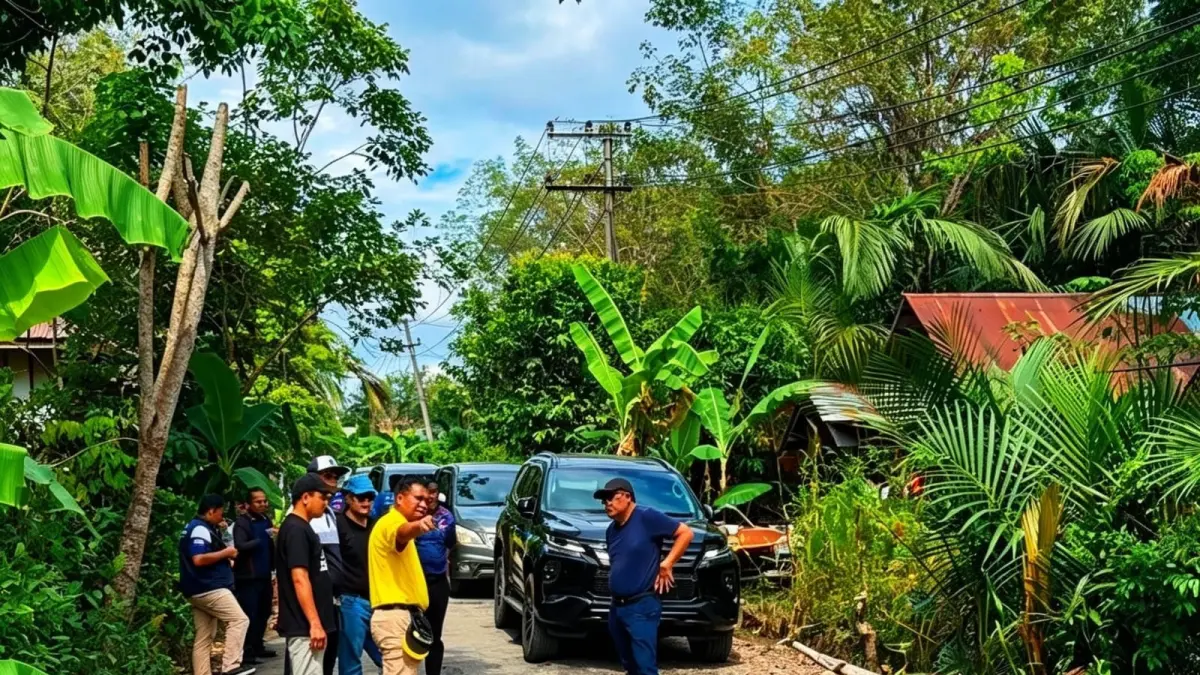 MENINJAU: Bupati HSU H. Sahrujani didampingi Wakil Bupati Hero Setiawan dan Kepala Dinas PUPR Amos Silitonga meninjau kondisi ruas jalan Panangian–Desa Pimping yang akan segera diperbaiki.(Foto: M.Akbar)&nbsp;