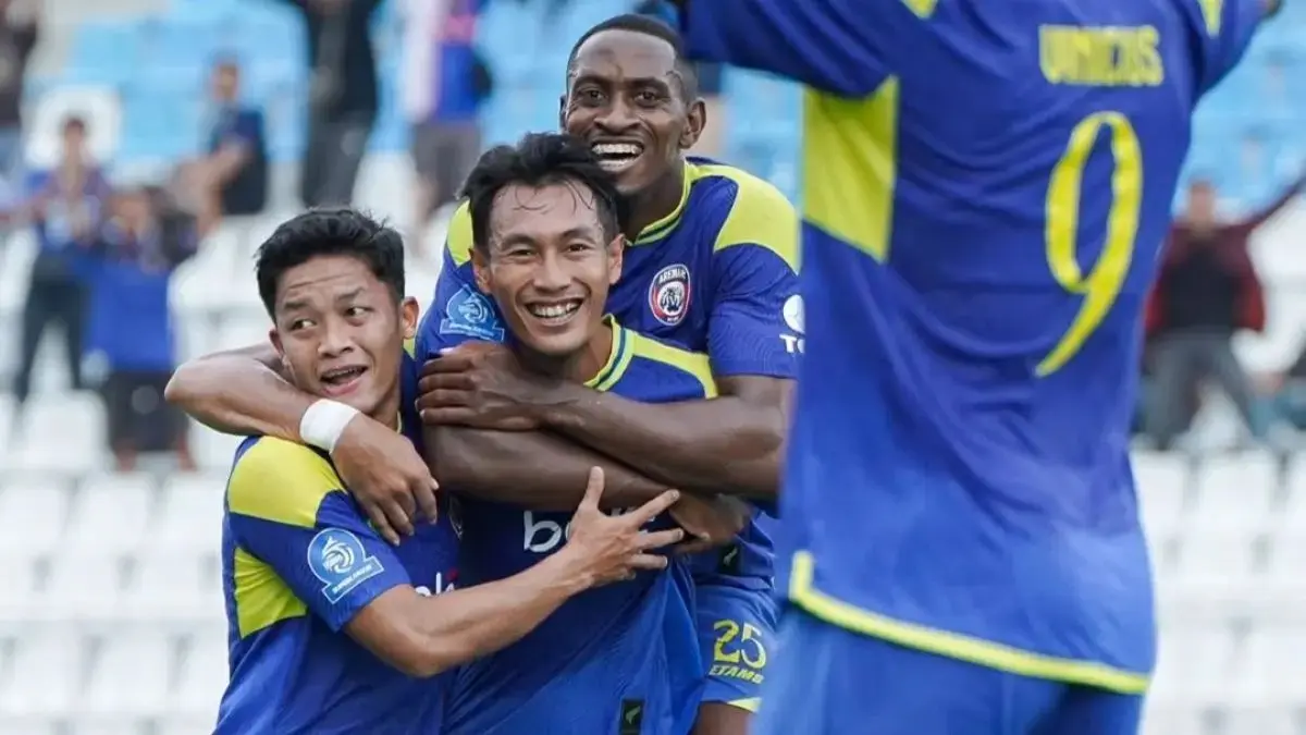 CETAK GOL: Selebrasi Hansamu Yama setelah cetak gol untuk Arema FC saat melawan Persijap Jepara.&nbsp;
(Dok. Arema FC)