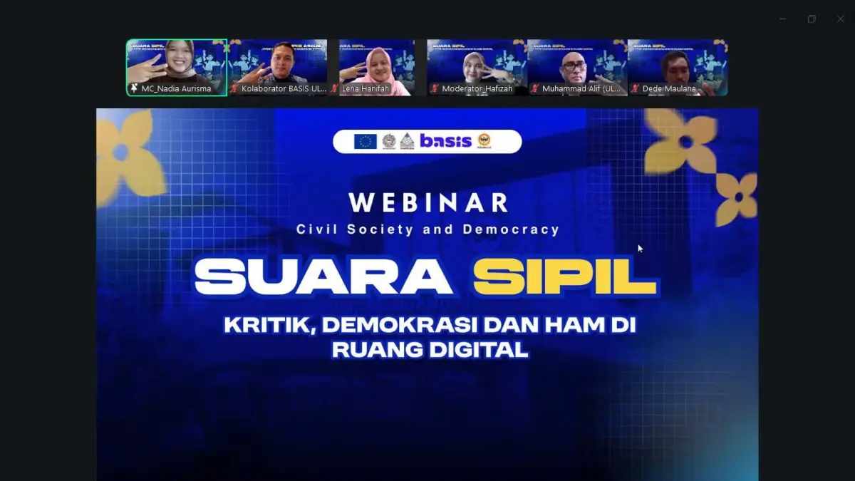 DARING: Webinar Civil Society and Democracy, bertajuk “Suara Sipil: Kritik, Demokrasi dan HAM di Ruang Digital,” yang digelar Kolaborator BASIS Regional Kalsel bersama Universitas Lambung Mangkurat (ULM) Banjarmasin secara daring. (Tangkap Layar).