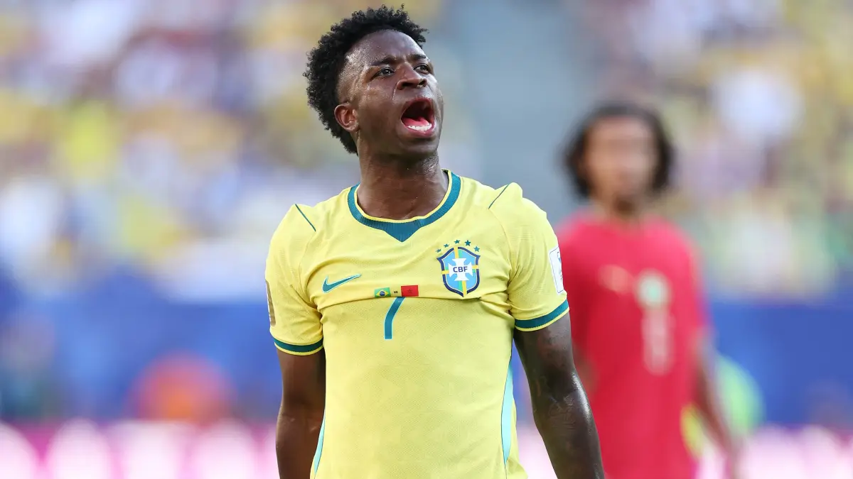 EAST RUTHERFORD, NEW JERSEY - JUNE 13: Vinicius Junior #7 of Brazil during the FIFA World Cup 2026 Group C match between Brazil and Morocco at New York New Jersey Stadium on June 13, 2026 in East Rutherford, New Jersey. Dan Mullan/Getty Images/AFP (Photo by Dan Mullan / GETTY IMAGES NORTH AMERICA / Getty Images via AFP)