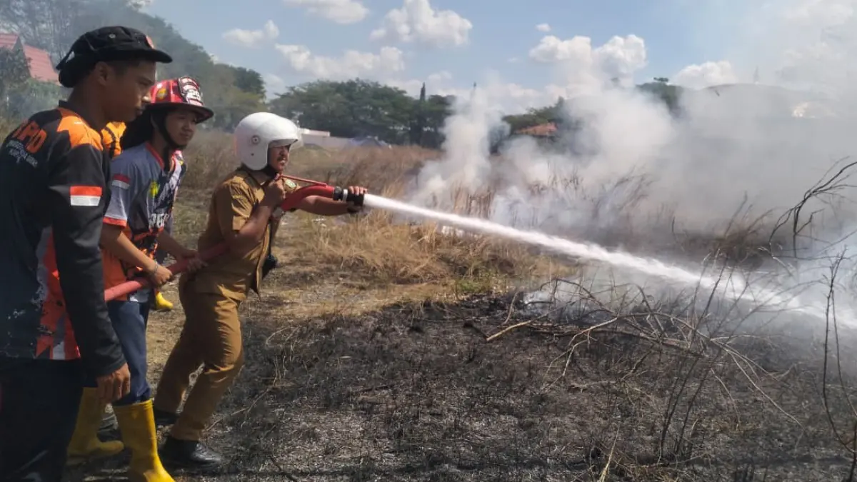 PADAMKAN: Anggota BPBD Tapin melakukan pemadaman lahan yang terbakar di area Pasar Keraton Rantau.
