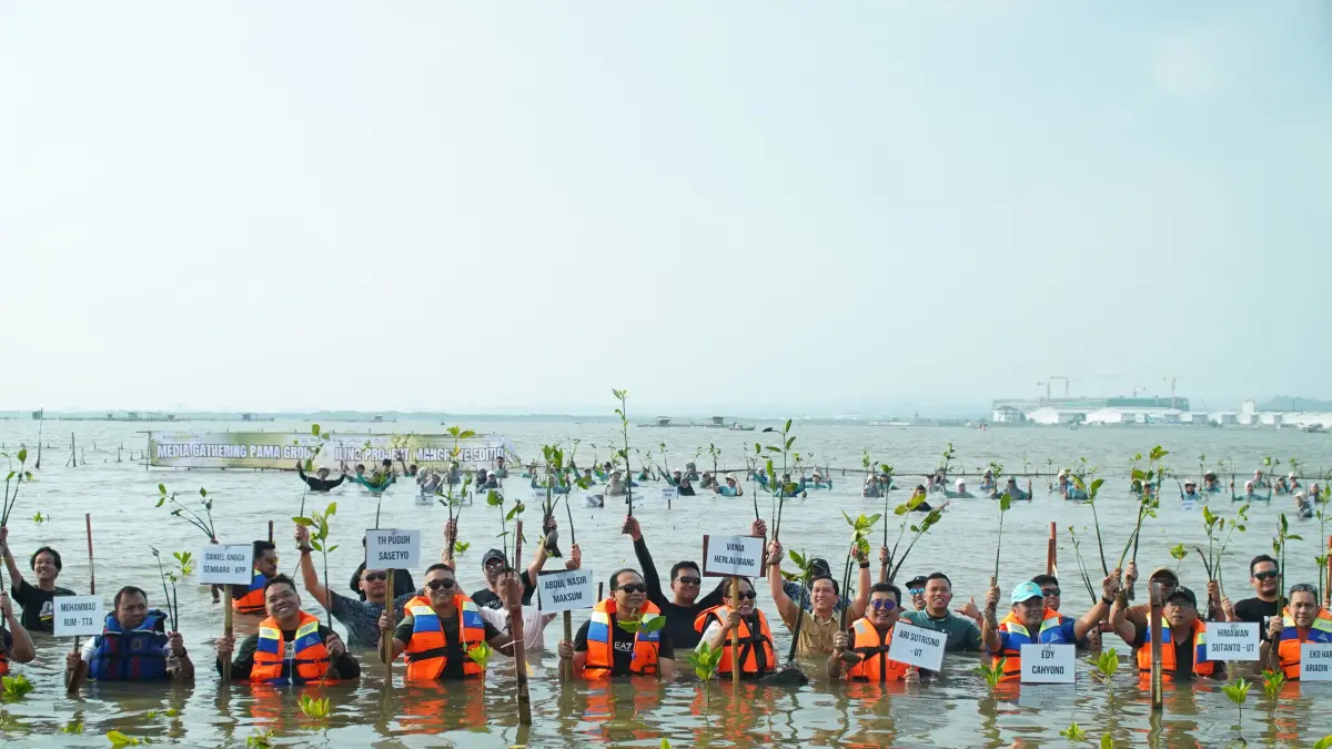TANAM MANGROVE – Direktur PT Pamapersada Nusantara Abdul Nasir Maksum bersama insan media dan komunitas Iling Project mengikuti aksi penanaman mangrove di kawasan pesisir Semarang, Kamis (25/6/2026). Kegiatan tersebut merupakan bagian dari Media Gathering 2026 sebagai bentuk komitmen PAMA dalam mendukung pelestarian lingkungan dan pembangunan berkelanjutan.