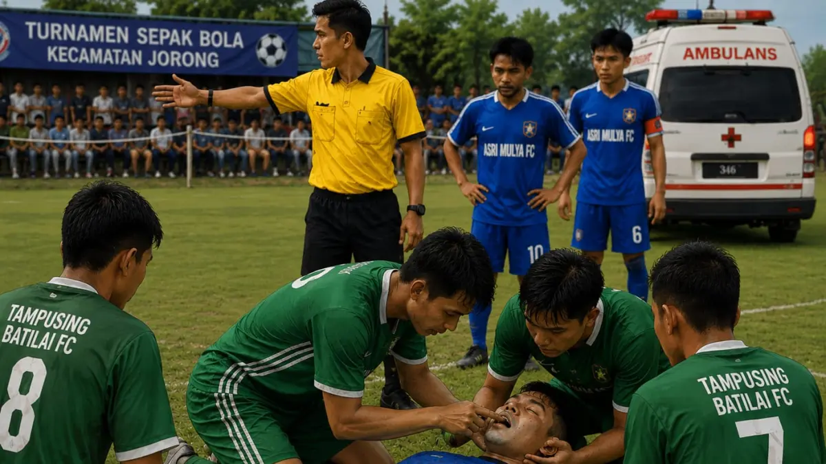 Ilustarasi tim Tampusing Batilai FC saat memberikan pertolongan pada rekannya yang pingsan usai berbenturan dengan pemain lawan. (Foto : Chat GPT)