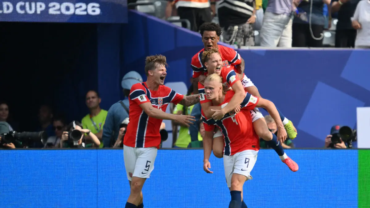 Norway’s forward #09 Erling Braut Haaland celebrates scoring his team’s first goal with teammates during the 2026 World Cup round of 16 football match between Brazil and Norway at the New York/New Jersey Stadium in East Rutherford on July 5, 2026. (Photo by ANGELA WEISS / AFP)